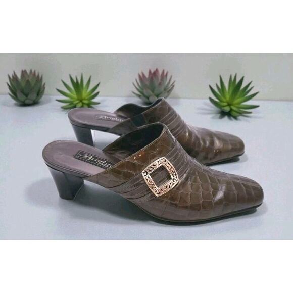 Brighton Shoes - Brighton Tudor Olive Green Patent Leather Mules Shoes Size 7.5 M Slip On